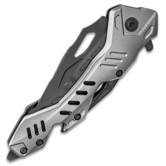 Rampage Grey Atomica Assisted Opening Pocket Knife - Stainless Steel Blade, Aluminum Handle, Bottle Opener, Pocket Clip - Closed 4 3/4” 2 Rampage Grey Atomica Assisted Opening Pocket Knife - Stainless Steel Blade, Aluminum Handle, Bottle Opener, Pocket Clip - Closed 4 3/4” - Image 2