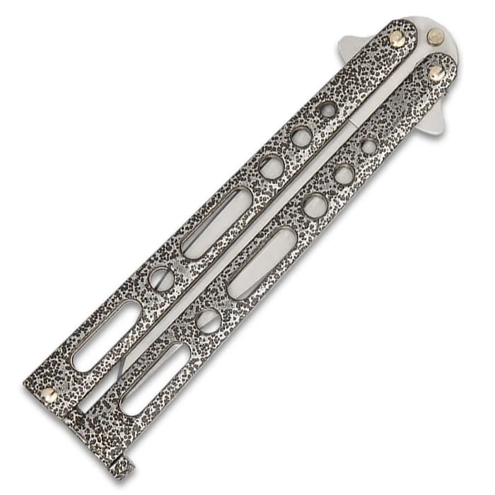 Bear & Son Silver Vein Handle Butterfly Knife - Stainless Steel Blade, Double-Tang Pin Design, Die Cast Metal Handles - 5 1/8” Closed 2 Bear & Son Silver Vein Handle Butterfly Knife - Stainless Steel Blade, Double-Tang Pin Design, Die Cast Metal Handles - 5 1/8” Closed - Image 2