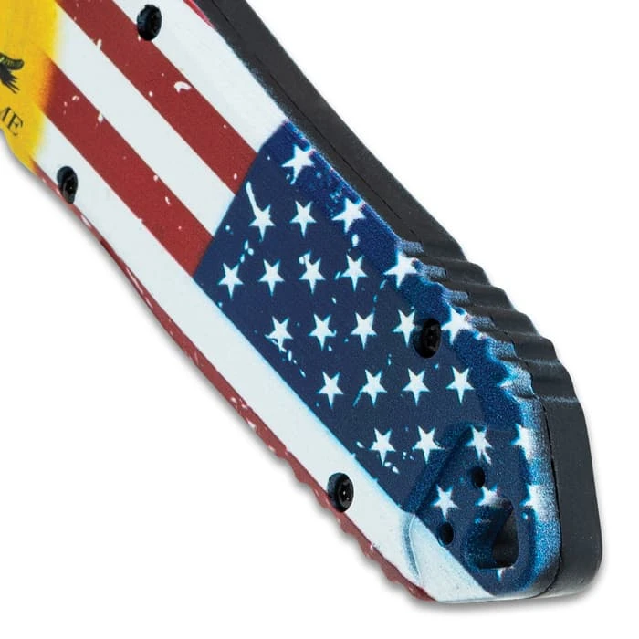 Don't Tread On Me OTF Automatic Knife And Sheath - Stainless Steel Blade, 3D-Printed Metal Handle, Pocket Clip 3 Don't Tread On Me OTF Automatic Knife And Sheath - Stainless Steel Blade, 3D-Printed Metal Handle, Pocket Clip - Image 3