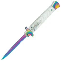 Rainbow Stiletto OTF Automatic Knife And Sheath - Stainless Steel Blade, Acrylic Handle - Length 11" 5 Rainbow Stiletto OTF Automatic Knife And Sheath - Stainless Steel Blade, Acrylic Handle - Length 11" -Knife Series Shop D04 VB1856