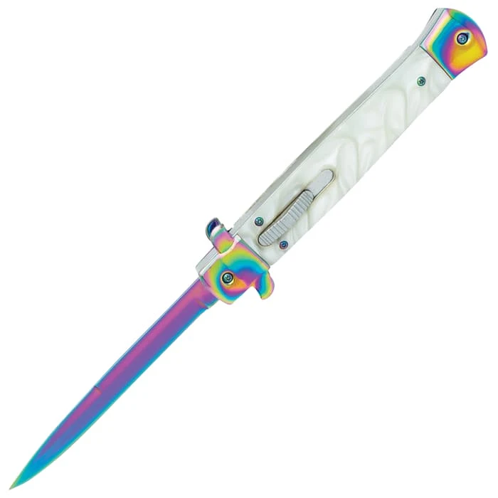 Rainbow Stiletto OTF Automatic Knife And Sheath - Stainless Steel Blade, Acrylic Handle - Length 11" 3 Rainbow Stiletto OTF Automatic Knife And Sheath - Stainless Steel Blade, Acrylic Handle - Length 11" - Image 3