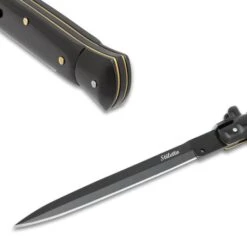 Automatic Italian Black Stiletto Knife With Pouch - Stainless Steel Blade, ABS Handle, Brass Pins - Length 13" -Knife Series Shop D04 VB2303