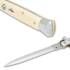 Automatic Italian Ivory Stiletto Knife With Pouch - Stainless Steel Blade, Faux Ivory Handle, Brass Pins - Length 13" -Knife Series Shop D04 VB2310