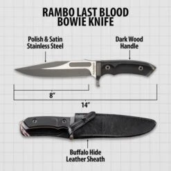 Rambo Last Blood Bowie Knife With Sheath - Officially Licensed, Stainless Steel Blade, Hardwood Handle Scales - Length 14” -Knife Series Shop D17 BK5217