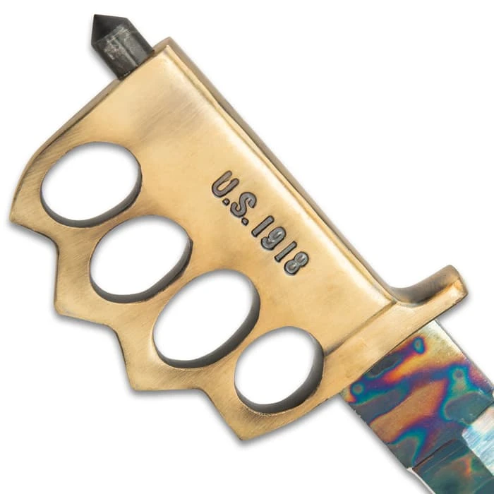 Combat Toothpick Knife And Sheath - Fire Kissed 1095 Carbon Steel Blade, Brass Knuckle Guard Handle, Distressed Finish 3 Combat Toothpick Knife And Sheath - Fire Kissed 1095 Carbon Steel Blade, Brass Knuckle Guard Handle, Distressed Finish - Image 3