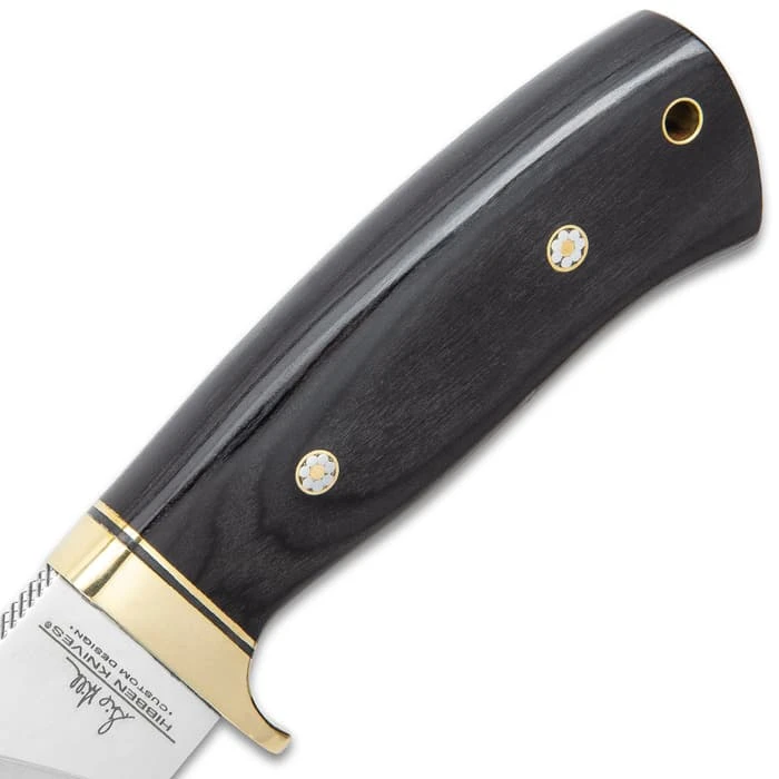 Hibben Chugach Hunter Knife With Sheath - 5Cr13 Stainless Steel Blade, Pakkawood Handle, Brass Hand Guard, Rosette Accents - Length 8 7/8” 3 Hibben Chugach Hunter Knife With Sheath - 5Cr13 Stainless Steel Blade, Pakkawood Handle, Brass Hand Guard, Rosette Accents - Length 8 7/8” - Image 3