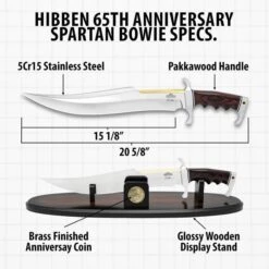 Gil Hibben 65TH Anniversary Spartan Bowie And Display Stand - 5Cr15 Stainless Steel Blade, Pakkawood Handle, Brass Spine - Length 20 5/8” -Knife Series Shop D17 GH5123