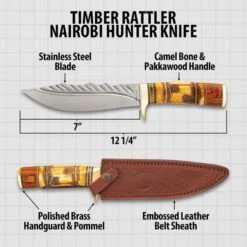 Timber Rattler Nairobi Hunter Knife With Sheath - Stainless Steel Blade, Camel Bone And Pakkawood Handle, Brass Guard - Length 12 1/4” -Knife Series Shop D17 TR189