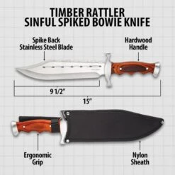 Timber Rattler Sinful Spiked Bowie Knife With Nylon Sheath - Spiked Back Blade, Ergonomic Hardwood Handle - 15" Length -Knife Series Shop D17 TR83