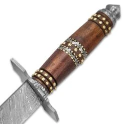 Timber Wolf Tower Guard Dagger And Sheath - Damascus Steel Blade, Wooden Handle, Brass Accents, Damascus Guard - Length 16” -Knife Series Shop D17 TW1005