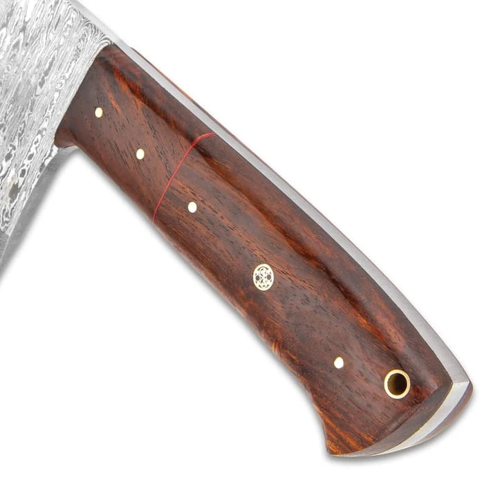 Timber Wolf Damascus Cleaver Butcher Knife With Wooden Sheath- Damascus Steel Blade, Wooden Handle, Brass Pins, Lanyard Hole - Length 14” 3 Timber Wolf Damascus Cleaver Butcher Knife With Wooden Sheath- Damascus Steel Blade, Wooden Handle, Brass Pins, Lanyard Hole - Length 14” - Image 3