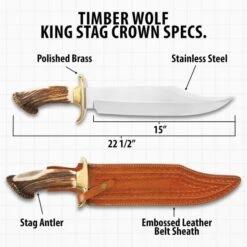 Timber Wolf King Stag Antler Crown Knife With Sheath - Stainless Steel Blade, Genuine Horn Handle, Brass Handguard - Length 22 1/2” -Knife Series Shop D17 TW1063