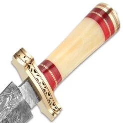 Timber Wolf Karnak Temple Dagger And Sheath - Fire Pattern Damascus Steel Blade, Natural Bone Handle, Brass Guard - Length 14 1/4” -Knife Series Shop D17 TW1078