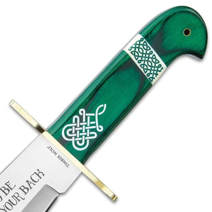 Timber Wolf Celtic Heritage Bowie Knife And Sheath - Stainless Steel Blade, Themed Etchings, Pakkawood Handle Scales, Brass Guard - Length 16” 3 Timber Wolf Celtic Heritage Bowie Knife And Sheath - Stainless Steel Blade, Themed Etchings, Pakkawood Handle Scales, Brass Guard - Length 16” - Image 3