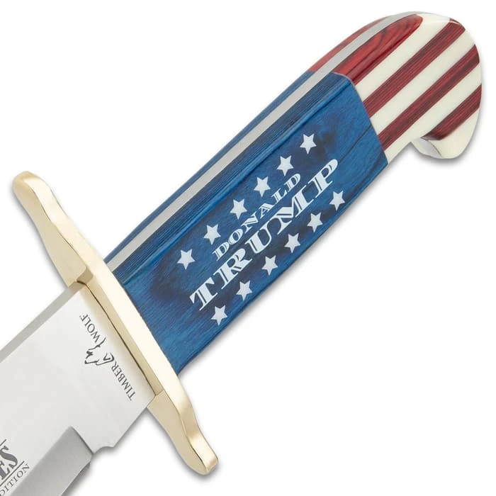 Timber Wolf Limited Edition Trump Bowie Knife And Sheath - Stainless Steel Blade, Wooden Handle Scales, Brass Guard - Length 16” 3 Timber Wolf Limited Edition Trump Bowie Knife And Sheath - Stainless Steel Blade, Wooden Handle Scales, Brass Guard - Length 16” - Image 3