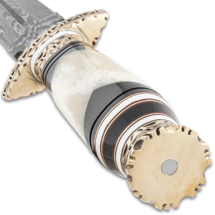 Timber Wolf Zulu Dagger And Sheath - Damascus Steel Blade, Bone Handle, Fileworked Guard And Pommel - Length 12 3/4” 3 Timber Wolf Zulu Dagger And Sheath - Damascus Steel Blade, Bone Handle, Fileworked Guard And Pommel - Length 12 3/4” - Image 3