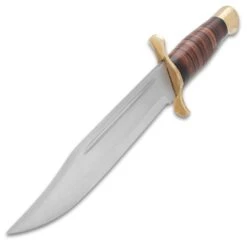 Timber Wolf Wildcat Bowie Knife And Sheath - Stainless Steel Blade, Stacked Leather Handle, Brass Pommel And Guard - Length 13 1/2” -Knife Series Shop D17 TW1246