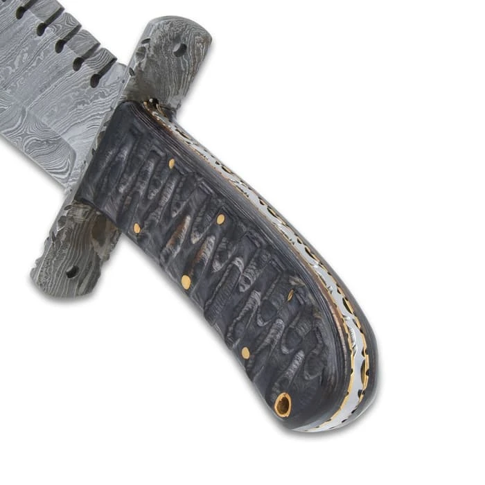 Timber Wolf Shark Back Knife And Sheath - Damascus Steel Blade, Wooden Handle, Lanyard Hole - Length 15 1/2" 3 Timber Wolf Shark Back Knife And Sheath - Damascus Steel Blade, Wooden Handle, Lanyard Hole - Length 15 1/2" - Image 3