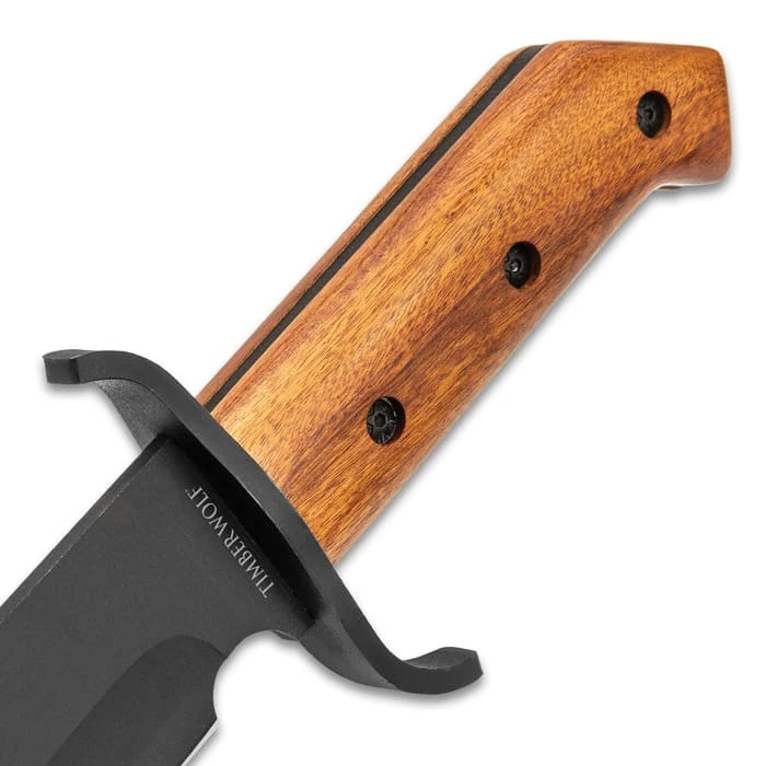Timber Wolf ClaimStaker Bowie Knife And Sheath - 3Cr13 Stainless Steel Black Blade, Full-Tang, Wooden Handle - Length 12 1/2” 3 Timber Wolf ClaimStaker Bowie Knife And Sheath - 3Cr13 Stainless Steel Black Blade, Full-Tang, Wooden Handle - Length 12 1/2” - Image 3