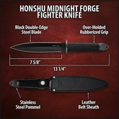Honshu Midnight Forge Fighter Knife And Sheath - Stainless Steel Blade, Rubberized Grip, Steel Guard - Length 13 1/4” -Knife Series Shop D17 UC2630B