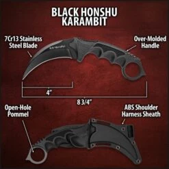 United Cutlery Black Honshu Karambit With Shoulder Harness Sheath - 7Cr13 Stainless Steel Blade, Over-Molded Handle - Length 8 3/4” -Knife Series Shop D17 UC2791