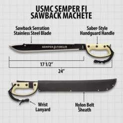 USMC Semper Fi Sawback Machete Knife With Sheath - Stainless Steel Blade, Rubberized Injection-Molded Handle - Length 24” -Knife Series Shop D17 UC3191