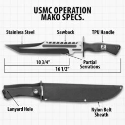 USMC Operation Mako Knife With Sheath - Stainless Steel Blade, Full-Tang, Grippy TPU Handle Scales, Sawback - Length 16 1/2” -Knife Series Shop D17 UC3372