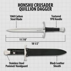 Honshu Crusader Quillon Dagger With Sheath - 1060 Carbon Steel Blade, Injection-Molded TPR Handle, Cast Steel Pommel - Length 18 5/8” -Knife Series Shop D17 UC3430