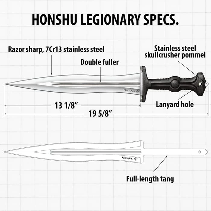Honshu Legionary Dagger And Sheath - 7Cr13 Stainless Steel Blade, TPR Handle, Stainless Steel Guard - Length 19 5/8" 3 Honshu Legionary Dagger And Sheath - 7Cr13 Stainless Steel Blade, TPR Handle, Stainless Steel Guard - Length 19 5/8" - Image 3