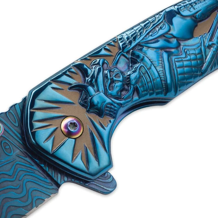 Shadow Warrior Assisted Opening Pocket Knife | DamascTec Steel Blade | Blue And Rainbow 3 Shadow Warrior Assisted Opening Pocket Knife | DamascTec Steel Blade | Blue And Rainbow - Image 3