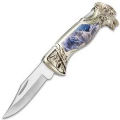 Winter Wolf Pocket Knife - 3Cr13 Stainless Steel, Sculpted Cast Metal And TPU Handle, Colorful Artwork, Liner Lock - Closed 5” 6 Winter Wolf Pocket Knife - 3Cr13 Stainless Steel, Sculpted Cast Metal And TPU Handle, Colorful Artwork, Liner Lock - Closed 5” -Knife Series Shop D19 BK4885