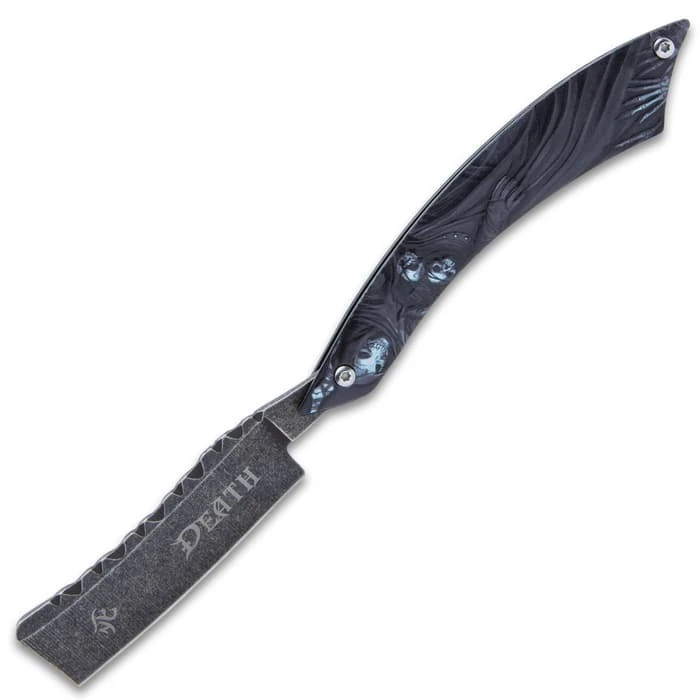 Grim Reaper Folding Razor Knife - 3Cr13 Stainless Steel Blade, Anodized Aluminum Handle, Filework - Length 9" 3 Grim Reaper Folding Razor Knife - 3Cr13 Stainless Steel Blade, Anodized Aluminum Handle, Filework - Length 9" - Image 3