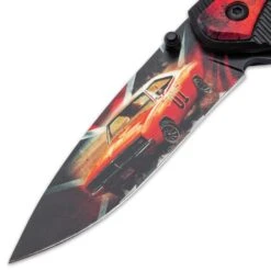 General Lee Pocket Knife - Printed Stainless Steel Blade, Aluminum Handle, Wooden Facing, Pocket Clip - Closed 4 1/2” -Knife Series Shop D19 BK5600