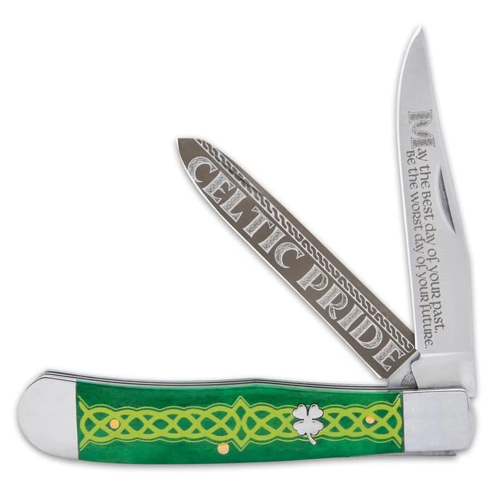 Celtic Trapper Pocket Knife - Stainless Steel Blades, Laser-Etched Art, Dyed Bone Handle Scales, Brass Pins 3 Celtic Trapper Pocket Knife - Stainless Steel Blades, Laser-Etched Art, Dyed Bone Handle Scales, Brass Pins - Image 3