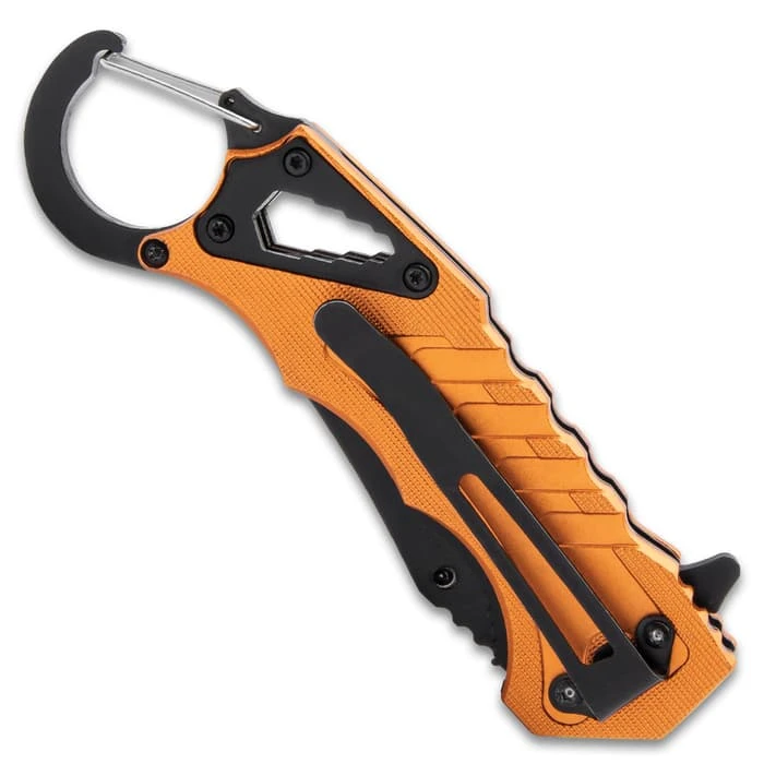 Rigid Multi-Function Knife With Carabiner Clip - 3Cr13 Stainless Steel Blade, Orange Aluminum Handle, Assisted Opening 3 Rigid Multi-Function Knife With Carabiner Clip - 3Cr13 Stainless Steel Blade, Orange Aluminum Handle, Assisted Opening - Image 3