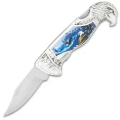 Winter Eagle Pocket Knife - 3Cr13 Stainless Steel Blade, Sculpted Cast Metal And TPU Handle, Eagle Artwork - Closed 5” 6 Winter Eagle Pocket Knife - 3Cr13 Stainless Steel Blade, Sculpted Cast Metal And TPU Handle, Eagle Artwork - Closed 5” -Knife Series Shop D19 BK5860
