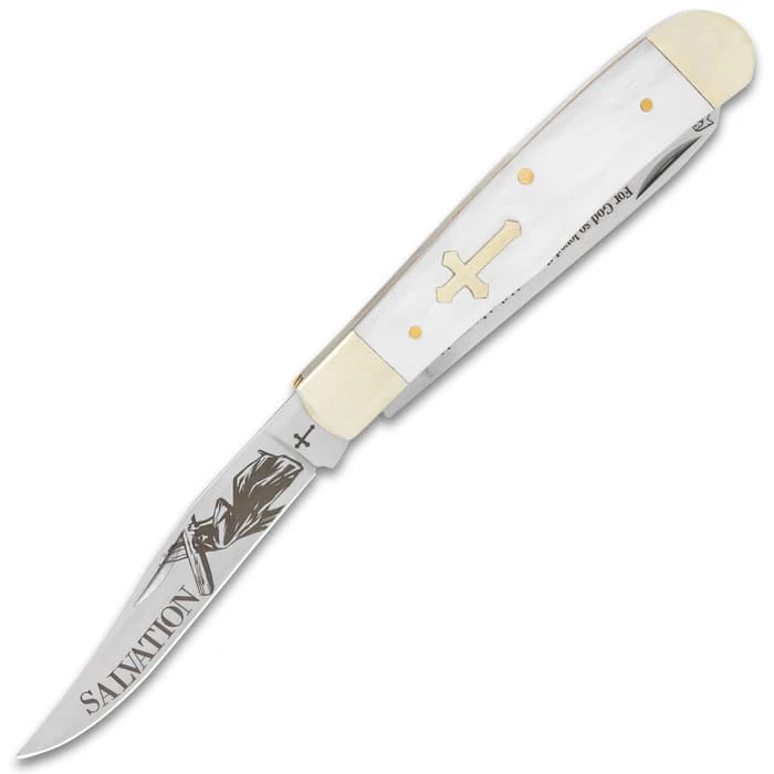Salvation Pearl Trapper Pocket Knife - Stainless Steel Blades, Faux Pearl Handle Scales, Nickel Silver Bolsters - Closed 4” 3 Salvation Pearl Trapper Pocket Knife - Stainless Steel Blades, Faux Pearl Handle Scales, Nickel Silver Bolsters - Closed 4” - Image 3