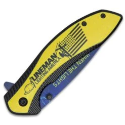 Lineman Pocket Knife - Printed Stainless Steel Blade, Aluminum Handle, Wooden Facing, Pocket Clip - Closed 4 1/2” -Knife Series Shop D19 BK5984