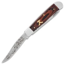 Ranch Hand Trapper Pocket Knife - Stainless Steel Blades, Laser-Etched Art, Wooden Handle Scales, Brass Pins -Knife Series Shop D19 BK5995