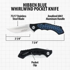 Hibben Blue Whirlwind Pocket Knife - 7Cr17 Stainless Steel Blade, G10 And 6061 Aluminum Handle, Pocket Clip -Knife Series Shop D19 GH5125