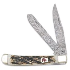 Kissing Crane Burnt Bone Damascus Trapper Pocket Knife -Knife Series Shop D19 KC5101D