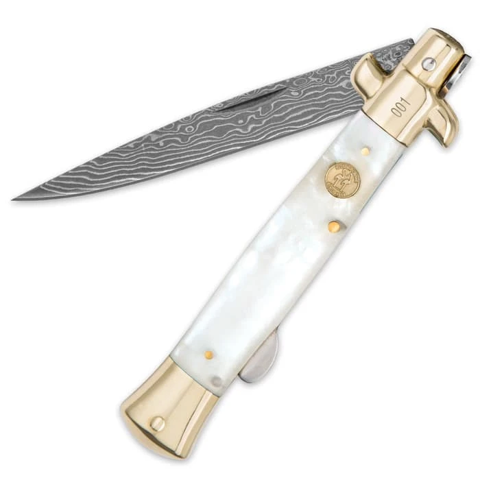 Kissing Crane Genuine Pearl Damascus Stiletto Knife 3 Kissing Crane Genuine Pearl Damascus Stiletto Knife - Image 3
