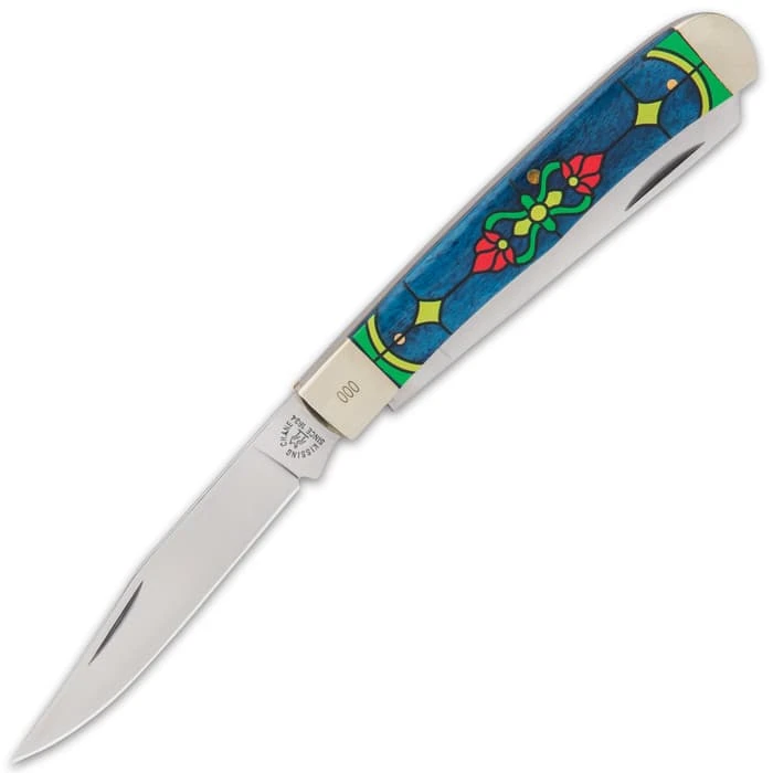 Kissing Crane Sapphire Stained Glass Trapper Knife - Stainless Steel Blades, Bone Handle Scales, Nickel Silver Bolsters 3 Kissing Crane Sapphire Stained Glass Trapper Knife - Stainless Steel Blades, Bone Handle Scales, Nickel Silver Bolsters - Image 3