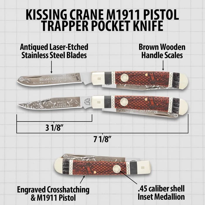 Kissing Crane M1911 Pistol Trapper Pocket Knife - Stainless Steel Blades, Wooden Handle Scales, Nickel Silver Bolsters 3 Kissing Crane M1911 Pistol Trapper Pocket Knife - Stainless Steel Blades, Wooden Handle Scales, Nickel Silver Bolsters - Image 3