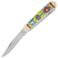 Kissing Crane Stained Glass Trapper Pocket Knife - Stainless Steel Blades, Bone Handle Scales, Nickel Silver Bolsters -Knife Series Shop D19 KC5885
