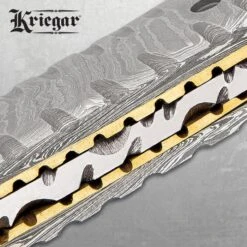 Kriegar Damascus Pocket Knife With Pouch - Damascus Steel Blade, Damascus Steel Handle, Brass Thumbstud - Closed 4 1/2” -Knife Series Shop D19 KG216