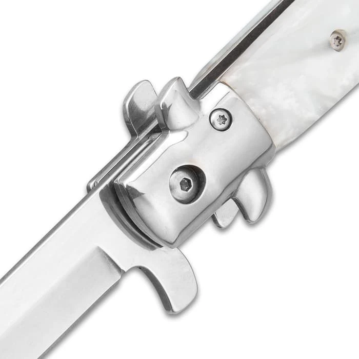 Kriegar German White Pearl Stiletto Knife - Stainless Steel Blade, Assisted Opening, Faux Pearl Handle, Stainless Bolsters And Pins 3 Kriegar German White Pearl Stiletto Knife - Stainless Steel Blade, Assisted Opening, Faux Pearl Handle, Stainless Bolsters And Pins - Image 3