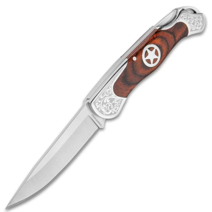 Timber Wolf Sheriff Lockback Pocket Knife - 3Cr13 Stainless Steel Blade, Assisted Opening, Wooden Handle Scales, Etched Bolsters 3 Timber Wolf Sheriff Lockback Pocket Knife - 3Cr13 Stainless Steel Blade, Assisted Opening, Wooden Handle Scales, Etched Bolsters - Image 3