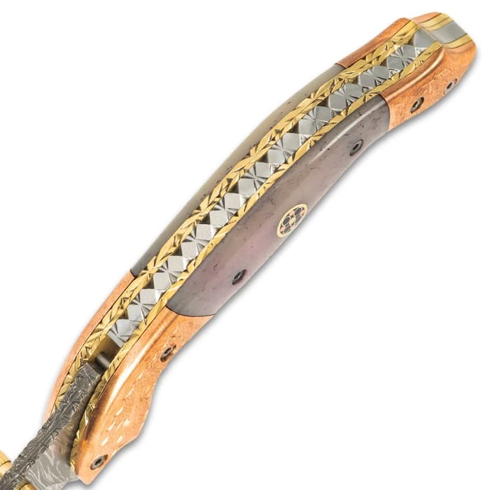 Timber Wolf Aspen Pocket Knife - Damascus Steel Blade, Bone Handle, Engraved Copper Bolsters, Fileworked Liners 3 Timber Wolf Aspen Pocket Knife - Damascus Steel Blade, Bone Handle, Engraved Copper Bolsters, Fileworked Liners - Image 3