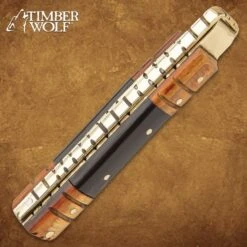 Timber Wolf Brass Barrister Pocket Knife - Damascus Steel Blade, Wooden Handle, Brass Pins And Liners - Closed 4 1/2” -Knife Series Shop D19 TW1195
